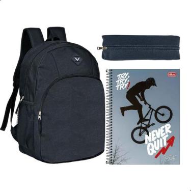 Imagem de Kit Material Escolar Masculino Mochila Caderno Estojo - - Darujo, Pret