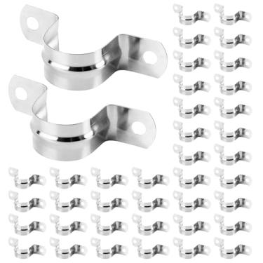 Imagem de 40 braçadeiras de conduíte de aço inoxidável de 1-9/40.6 cm, alça de 2 furos resistentes, tiras de tubo rígido de suporte em U, clipe de tubo de tensão de metal para conduítes EMT, fixação de tubos em