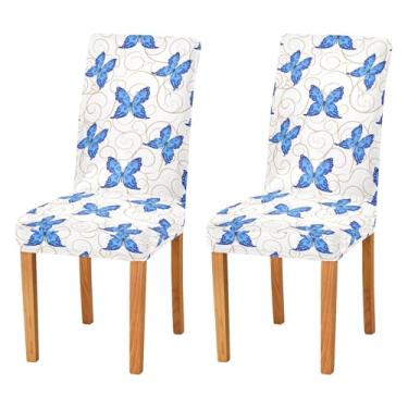 Imagem de Wassud Capas de cadeira para sala de jantar, borboletas azuis, elásticas, capas de cadeira de cozinha, laváveis, conjunto de 2
