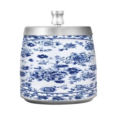 Imagem de Wassud Cinzeiro para cigarros Azul e Branco Porcelana Floral Cinzeiro com Tampa Aço Inoxidável À Prova de Vento Metal Inodoro Suporte de Cinzas Casa Escritório Pátio Varanda Decoração