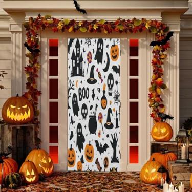 Imagem de Wassud Decoração de capa de porta Boo tema de Halloween faixa interna externa decoração de casa de varanda grande decoração de porta da frente 96 x 98 polegadas