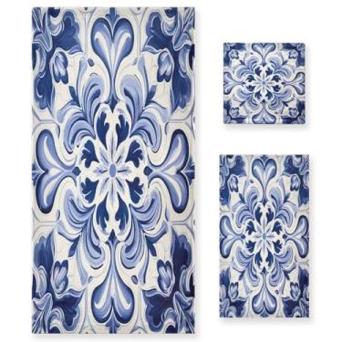 Imagem de Wassud Conjunto de 3 toalhas de banho em azulejo azul e branco, toalhas super macias e absorventes para banheiro, toalhas de banho de secagem rápida, toalha de banho para academia, spa, hotel