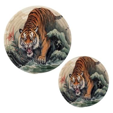 Imagem de Wassud Conjunto de tripé Tiger Descends para pratos quentes, suportes redondos de algodão, almofadas quentes, porta-copos elegantes, decoração de cozinha e acessórios, 2 peças