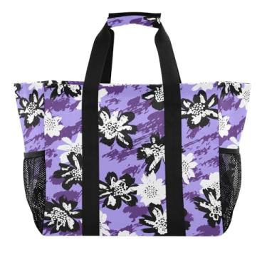 Imagem de Wassud Tulipas flores pretas e brancas reutilizáveis sacolas de compras grande bolsa de lona impermeável organizador de lona para praia, piquenique, lavanderia, viagem