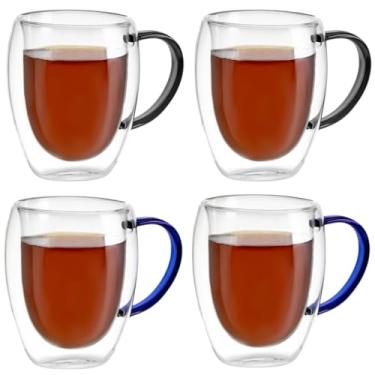Imagem de Kit Conjunto 4 Xícaras de Vidro Borossilicato Parede Dupla 350ml Transparente com Alça Colorida - 2 Azul e 2 Preto