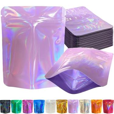 Imagem de YINGZON Pacote com 100 sacos Mylar premium à prova de cheiro, sacos de armazenamento resseláveis com impressão holográfica frente e verso, sacos de embalagem de alumínio de 12,7 x 10 cm. (rosa)