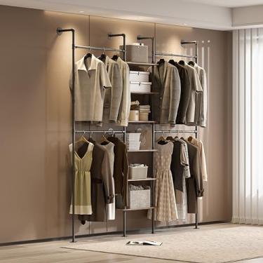 Imagem de HKaikzo Suporte para roupas de tubo industrial, suporte de parede com organizador de madeira para pendurar, canto com economia de espaço ou design reto para loja de varejo, quarto, armário