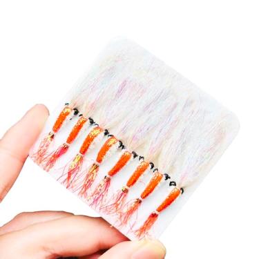 Imagem de Qievcrme 8 peças Bionics Iscas artificiais de camarão de seda flash de cristal com mosca, moscas, água salgada, água doce, isca para robalo, truta, salmão, anzol, tamanho nº 6 (vermelho)