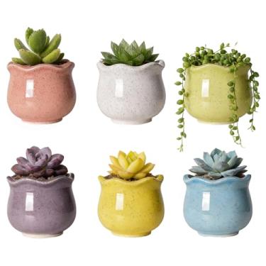 Imagem de Runziti Pacote com 6 vasos pequenos para suculentas, 6 cm, mini plantadores de cerâmica em várias cores com drenagem e bandeja, vasos decorativos de plantas internas para mesa, prateleira e casa