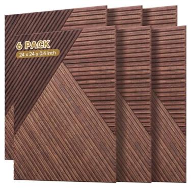 Imagem de Autorific Painéis acústicos de parede, pacote com 6, tamanho total 182 x 121 cm, painéis acústicos decorativos autoadesivos para parede e teto, impressão UV 3D com aparência de madeira, sândalo