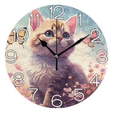 Imagem de GAIGEO Lindo gato branco colorido gatinho analógico relógio de parede decorativo quarto cozinha relógio operado por bateria silencioso, sala de estar decoração de parede moderna, 25 cm, ponteiros