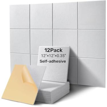 Imagem de HERTBER Pacote com 12 painéis acústicos quadrados, painéis de parede à prova de som, 30.5 cm × 30.0 cm × 0,89 cm, painéis absorventes de som de poliéster de alta densidade com autoadesivo para casa
