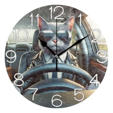 Imagem de GAIGEO Relógio de parede analógico decorativo divertido alimentado por bateria relógio de cozinha fofo, decoração de parede vintage sala de estar engraçado carro de condução de gato, 25 cm, ponteiros