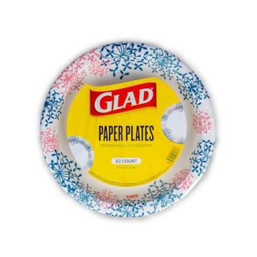 Imagem de Glad Pratos de papel descartáveis redondos para todas as ocasiões, hortênsia rosa - à prova de volume e corte, placa resistente para micro-ondas - 21,6 cm de diâmetro, 62 unidades