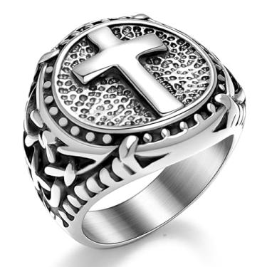 Imagem de Oaldilee Anel de cruz para homens, aço inoxidável, anel de nó celta, ouro 18 quilates, metal preto, retrô, vintage, religioso, cristão, nórdico, viking, machado de batalha, tamanho 7-13, com caixa de