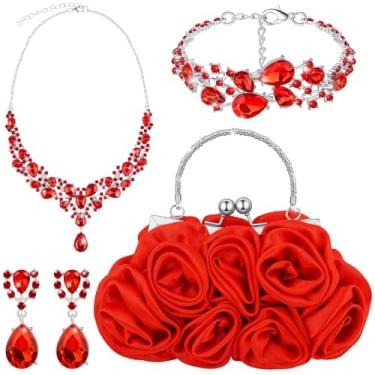 Imagem de HIKIMA Conjunto de joias de strass com 4 peças, bolsa de mão rosa com alça destacável, colar de strass, brincos pendentes para festa de casamento nupcial, baile, presente de dia dos namorados
