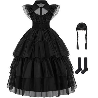 Imagem de GZ-LAOPAITOU Fantasia preta para meninas, cosplay de Halloween, fantasia de festa em família, roupa com peruca e cinto de meias 4-12 anos, Preto - 01, 9-10Years