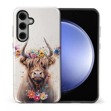 Imagem de Zhhoya Capa para Samsung Galaxy S25, capa de telefone com estampa floral em aquarela de vaca highland à prova de choque híbrida de 2 camadas de proteção para meninas, mulheres, meninos e homens