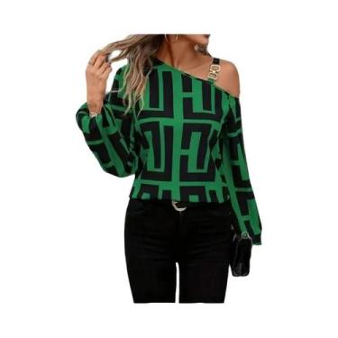 Imagem de Blusa Feminina Com Estampa Geométrica, Ombros Descidos, Manga Longa, C