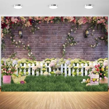 Imagem de 3 x 2,4 m primavera Páscoa pano de fundo flor cerca de parede de tijolo rosa fundo fotográfico crianças aniversário chá de bebê festa banner decorações suprimentos adereços de cabine de fotos