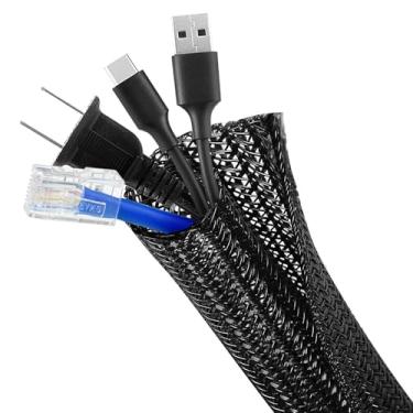 Imagem de ELECFUN Protetor de cabo de manga de gerenciamento de cabos de 2,4 m - 1/5.1 cm, tear de fio dividido para computador com TV USB, capa de fio trançado, tubo organizador para proteger gatos e cães de