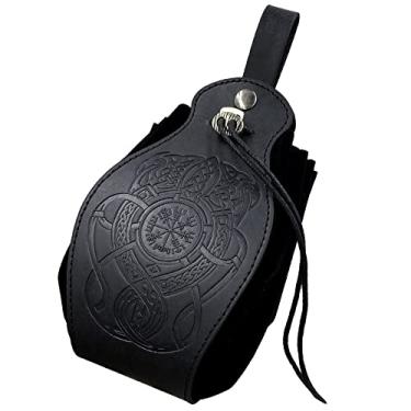 Imagem de Bolsa de cinto Viking Medieval preta de couro sintético bolsa retrô portátil com cordão bolsa de dados renascentista para LARP Ren Faire, Cabeça de lobo e martelo de Thor