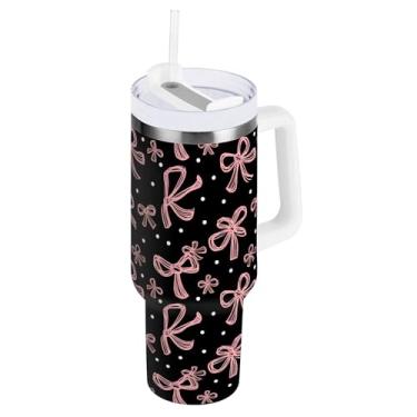 Imagem de SEHANY Copo fofo com laço rosa de 1,134 g com alça, copo isolado de aço inoxidável a vácuo de parede dupla, à prova de vazamento, caneca de café isolada para viagem cabe no suporte de copo de carro