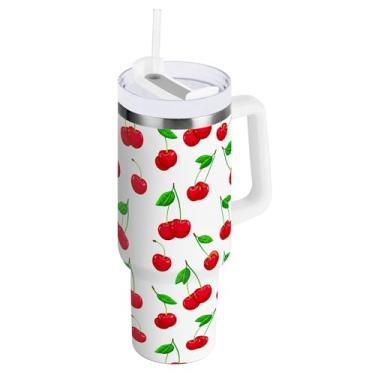 Imagem de SEHANY Copo de cereja fofo de 1,134 g com alça, copo isolado de aço inoxidável de parede dupla, à prova de vazamento, caneca de café isolada para viagem, cabe no suporte de copo de carro