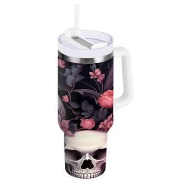 Imagem de SEHANY Copo Skull Gothic de 1,134 g com alça, copo isolado de aço inoxidável de parede dupla, à prova de vazamento, caneca de café isolada para viagem, cabe no suporte de copo de carro