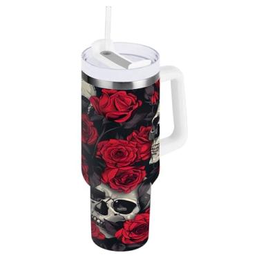 Imagem de SEHANY Copo de caveira e rosas de 1,18 l com alça, copo isolado de aço inoxidável a vácuo de parede dupla, à prova de vazamento, caneca de café isolada para viagem cabe no suporte de copo de carro