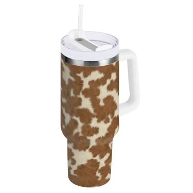 Imagem de SEHANY Copo de vaca marrom e branco de 850 g com alça, copo isolado de aço inoxidável a vácuo de parede dupla, à prova de vazamento, caneca de café isolada para viagem cabe no suporte de copo de carro