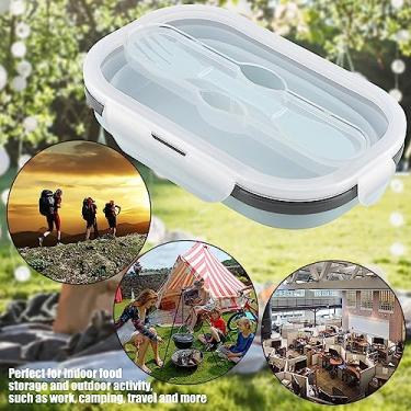 Imagem de GLOGLOW Porta-refeições Lancheira Dobrável de Silicone de Grau Alimentício, Retângulo, Design Dobrável, Recipiente Portátil de Armazenamento de Alimentos, Damasco Verde Azul, 8,07 X 5,31 X 2,87