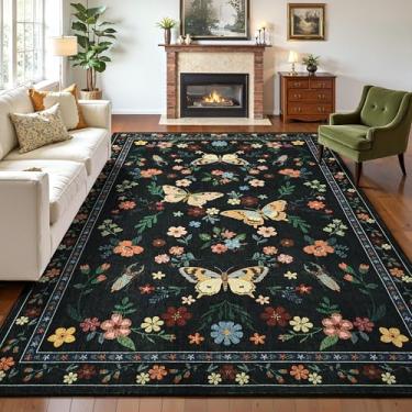 Imagem de Tepook Tapetes de área de impressão 15 x 23 cm para sala de estar, tapete floral de borboleta antiderrapante lavável para quarto, tapetes modernos de pilha baixa com suporte de borracha para sala de