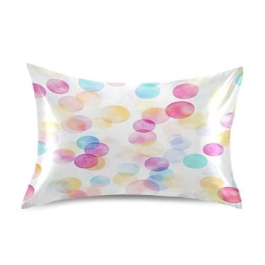 Imagem de Wassud Fronha de cetim com círculos coloridos para cabelo e pele, fronhas de seda lisa, tamanho queen, capas de almofada respiráveis com fecho de envelope