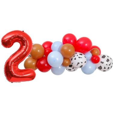 Imagem de Guirlanda de balão de celeiro vermelho e azul - Balões de animais de fazenda de caubói vertiginoso, kit de guirlanda de fazenda, balões de vaca para decorações de festa de 2º aniversário, balão número