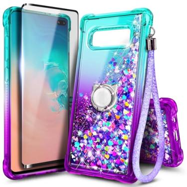 Imagem de Capa NGB projetada para Samsung Galaxy S10e, Aqua/Roxo | Capa fofa com glitter líquido brilhante para mulheres e crianças | com protetor de tela, suporte de anel e cordão de pulso