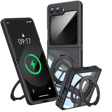 Imagem de 【Suporte magnético de rotação de 360°】 Capa para Galaxy Z Flip 6/5 【Adequada para MagSafe e Pixelsnap】 Capa com suporte de anel 【transparente sem cristal amarelo】 Capa para celular Samsung Galaxy Z