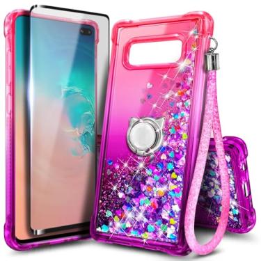 Imagem de Capa NGB projetada para Samsung Galaxy S10e, rosa/roxo | Capa fofa com glitter líquido brilhante para mulheres e crianças | com protetor de tela, suporte de anel e cordão de pulso
