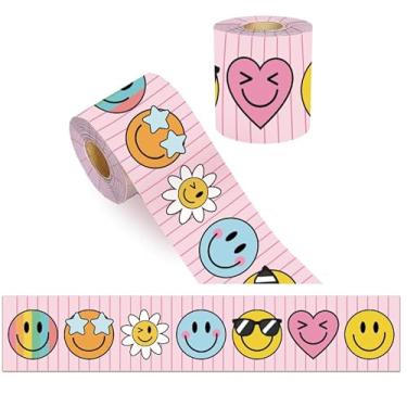 Imagem de FYSUIMU Quadro de avisos de rosto sorridente de 2,5 m, bordas de volta às aulas, listras rosas, corte de matriz, rolo de borda para sala de aula, escritório, quadro-negro, quadro branco, decoração de