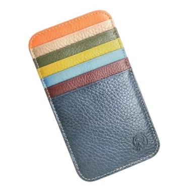 Imagem de Carteiras elegantes para mulheres – Carteira ultrafina de couro genuíno com design minimalista, logotipo em relevo e estampa listrada colorida, Azul, Tendência