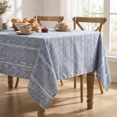 Imagem de Horaldaily Toalha de mesa retangular de linho de algodão azul 152 × 300 cm, estilo fazenda, lavável resistente a rugas, capa de mesa bordada com bainha para casa