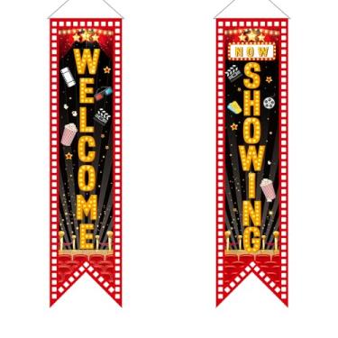 Imagem de 2 faixas suspensas para varanda noturna de filme, 47,2 x 11,8 polegadas, "Welcome Now Show", placa de cinema, faixa de cinema, tema noturno, decoração de festa, suprimentos para casa, filme, câmera