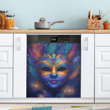 Imagem de ATTX Máscara colorida Mardi Gras capa magnética para lava-louças | Adesivo decorativo de eletrodomésticos de 58 x 66 cm para armários domésticos e eletrodomésticos (135)