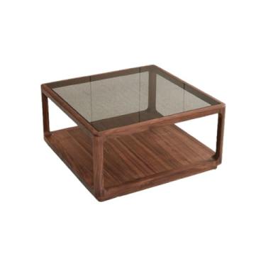 Imagem de Mesa de centro mesa de centro de nogueira preta madeira maciça mesa de centro de vidro sexual simples dupla camada mesa de centro combinação mesa de quarto (B)