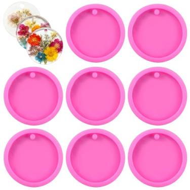 Imagem de 8 peças de moldes de silicone de resina, moldes redondos de silicone, molde de ornamento de resina plano, brincos redondos perfurados, molde de pingente, joias de resinas, chaveiro com furo para