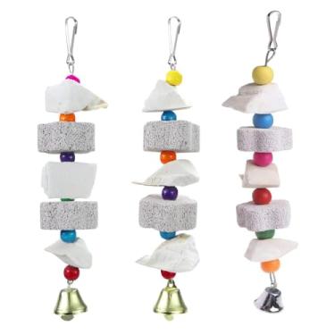 Imagem de Yitaocity 3 peças de pedra de cálcio com acabamento de bico de pássaro, pedra de cálcio, bloco de lava, brinquedo para mastigar dentes, minerais naturais com sino para periquitos, calopsitas