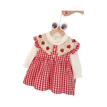 Imagem de Vestido De Manga Comprida Xadrez Para Bebês Meninas, Gola Fofa De Mora