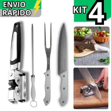 Imagem de Kit 4 Utensílio Para Churrasco Faca Inox Chaira Garfo Inox e Afiador R