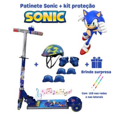 Imagem de Patinete de Ferro Sonic Personalizado Azul Musical+ Kit Proteção + Ent