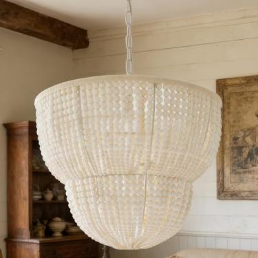 Imagem de Lustre de contas de madeira natural, Bohemia 2 níveis de diâmetro de 76 cm feito à mão com contas de madeira, luminária de teto redonda sobre ilha de cozinha, luminária para sala de jantar, quarto